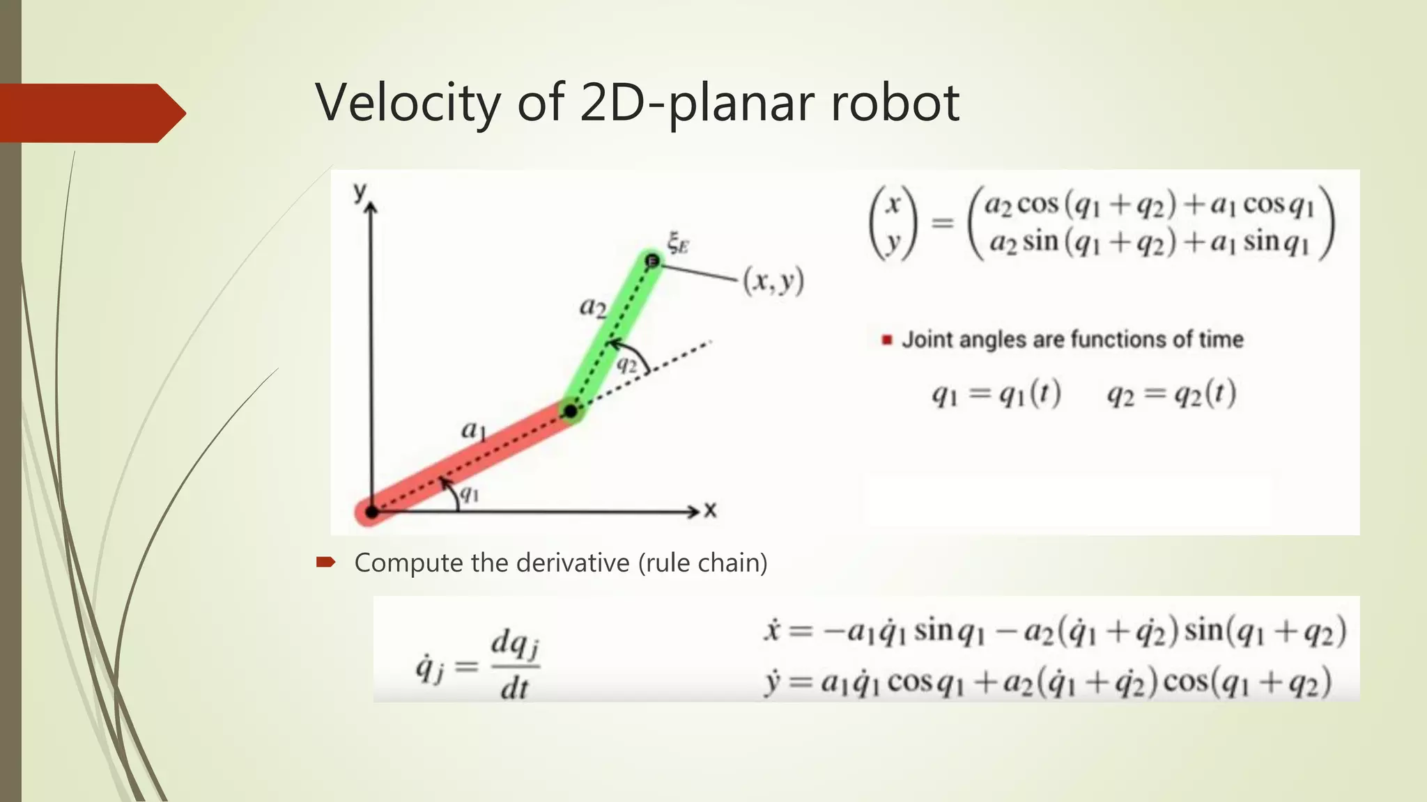 Velocity of 2D-planar robot
Compute the derivative (rule chain)