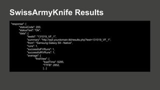 SwissArmyKnife Results
"response": {
"statusCode": 200,
"statusText": "Ok",
"data": {
"testId": "131019_VF_1",
"summary": "http://wpt.yourdomain.tld/results.php?test=131019_VF_1",
"from": "Samsung Galaxy SII - Native",
"runs": 1,
"successfulFVRuns": 1,
"successfulRVRuns": 1,
"average": {
"firstView": {
"loadTime": 6285,
"TTFB": 2852,
[...]

 