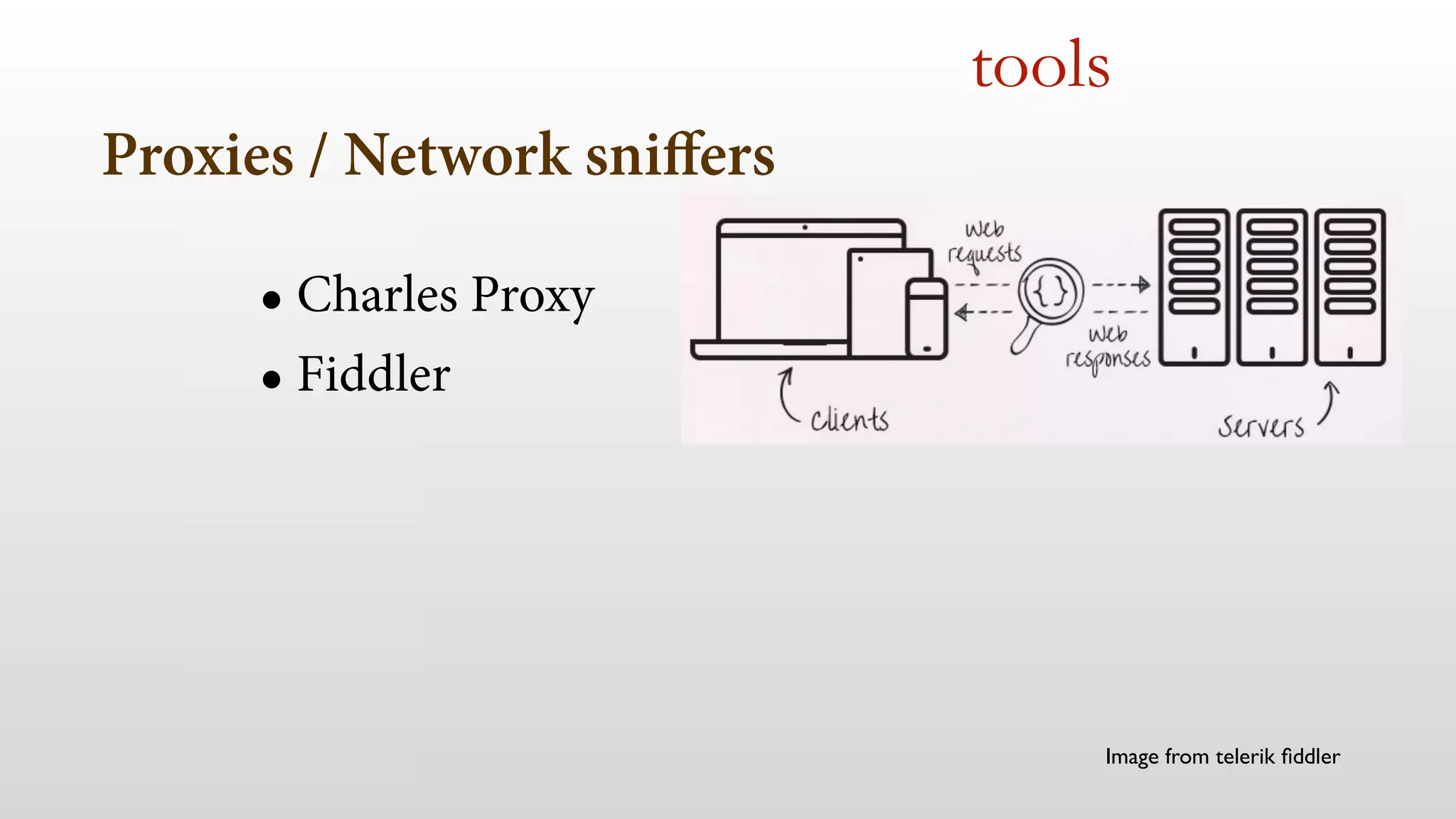 Proxies / Network sniffers 
• Charles Proxy 
• Fiddler 
tools 
Image from telerik fiddler 
 