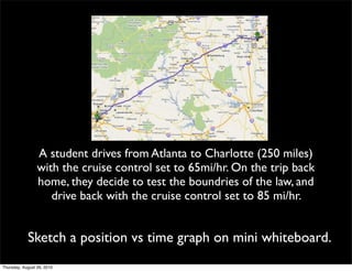 A student drives from Atlanta to Charlotte (250 miles)
                 with the cruise control set to 65mi/hr. On the trip back
                 home, they decide to test the boundries of the law, and
                    drive back with the cruise control set to 85 mi/hr.


            Sketch a position vs time graph on mini whiteboard.
Thursday, August 26, 2010
 