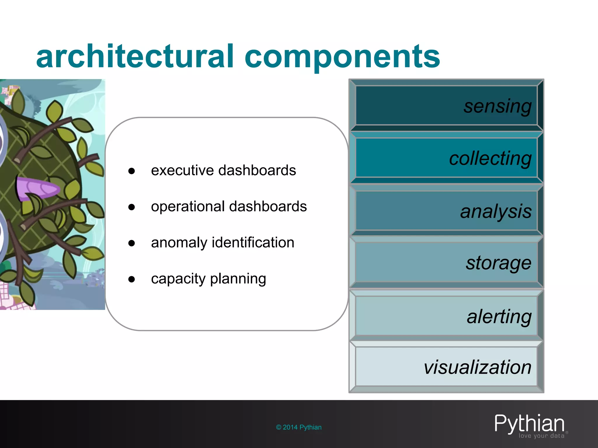 architectural components
© 2014 Pythian
● executive dashboards
● operational dashboards
● anomaly identification
● capacity planning
sensing
collecting
analysis
storage
alerting
visualization
 