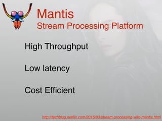 Mantis
High Throughput
Low latency
Cost Efﬁcient
Stream Processing Platform
http://techblog.netﬂix.com/2016/03/stream-processing-with-mantis.html
 