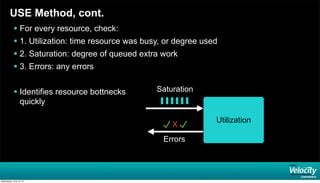 USE Method, cont.
 For every resource, check:
 1. Utilization: time resource was busy, or degree used
 2. Saturation: degree of queued extra work
 3. Errors: any errors
 Identifies resource bottnecks
quickly
Saturation
Errors
X
Utilization
Wednesday, June 19, 13
 