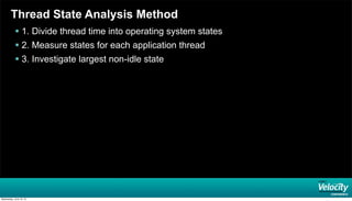 Thread State Analysis Method
 1. Divide thread time into operating system states
 2. Measure states for each application thread
 3. Investigate largest non-idle state
Wednesday, June 19, 13
 
