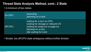 Thread State Analysis Method, cont.: 2 State
 A minimum of two states:
 Simple, but off-CPU state ambiguous without further division
On-CPU
executing
spinning on a lock
Oﬀ-CPU
waiting for a turn on-CPU
waiting for storage or network I/O
waiting for swap ins or page ins
blocked on a lock
idle waiting for work
Wednesday, June 19, 13
 