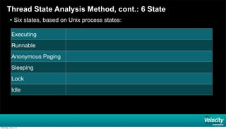 Thread State Analysis Method, cont.: 6 State
 Six states, based on Unix process states:
Executing
Runnable
Anonymous Paging
Sleeping
Lock
Idle
Wednesday, June 19, 13
 