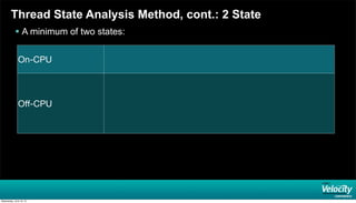 Thread State Analysis Method, cont.: 2 State
 A minimum of two states:
On-CPU
Oﬀ-CPU
Wednesday, June 19, 13
 