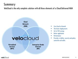 Summary
WWW.VELOCLOUD.NET 15
VeloCloud is the only complete solution with all three elements of a Cloud Delivered WAN
Cloud
Network
(SDN)
Enterprise Grade
Internet
(NV)
Virtualized
Services
(NFV)
 Zero-Touch at branch
 10x faster deployments
 3x-5x TCO savings
 Better application
 Performance
 Provides visibility, security and policy
control for all traffic
 