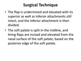Surgical Technique
• The flap is undermined and elevated with its
superior as well as inferior attachments still
intact, and the inferior attachment is then
divided.
• The soft palate is split in the midline, and
lining flaps are incised and elevated from the
nasal surface of the soft palate, based on the
posterior edge of the soft palate.
 