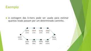 Exemplo
 A contagem dos k-mers pode ser usada para estimar
quantos reads passam por um determinado caminho.
100
 