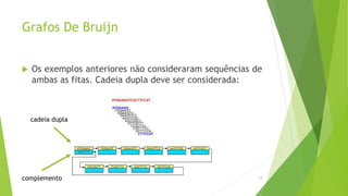 Grafos De Bruijn
 Os exemplos anteriores não consideraram sequências de
ambas as fitas. Cadeia dupla deve ser considerada:
18
cadeia dupla
complemento
 