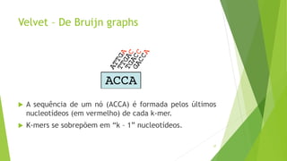 Velvet – De Bruijn graphs
 A sequência de um nó (ACCA) é formada pelos últimos
nucleotídeos (em vermelho) de cada k-mer.
 K-mers se sobrepõem em “k – 1” nucleotídeos.
37
 