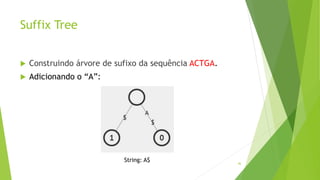 Suffix Tree
 Construindo árvore de sufixo da sequência ACTGA.
 Adicionando o “A”:
46
String: A$
 