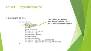 Velvet - Implementação
 Estrutura do nó:
69
cada nó tem um ponteiro
para o seu nó gêmeo, cujo ID
é o ID do nó multiplicado por -1
 