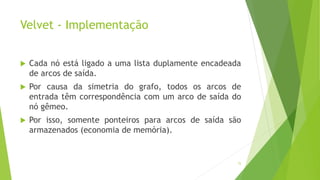 Velvet - Implementação
 Cada nó está ligado a uma lista duplamente encadeada
de arcos de saída.
 Por causa da simetria do grafo, todos os arcos de
entrada têm correspondência com um arco de saída do
nó gêmeo.
 Por isso, somente ponteiros para arcos de saída são
armazenados (economia de memória).
72
 
