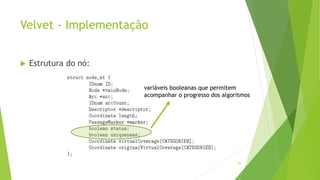 Velvet - Implementação
 Estrutura do nó:
76
variáveis booleanas que permitem
acompanhar o progresso dos algoritmos
 