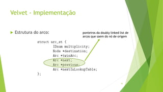 Velvet - Implementação
 Estrutura do arco:
82
ponteiros da doubly linked list de
arcos que saem do nó de origem
 
