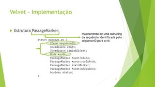 Velvet - Implementação
 Estrutura PassageMarker:
85
mapeamento de uma substring
da sequência identificada pelo
sequenceID para o nó
 