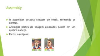 Assembly
 O assembler detecta clusters de reads, formando os
contigs.
 Analogia: partes da imagem colocadas juntas em um
quebra-cabeça.
 Partes ambíguas:
9
 