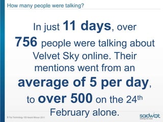 How many people were talking?



         In just 11        days, over
  756 people were talking about
         Velvet Sky online. Their
         mentions went from an
    average of 5 per day,
     to over 500 on the 24th
                February alone.
 