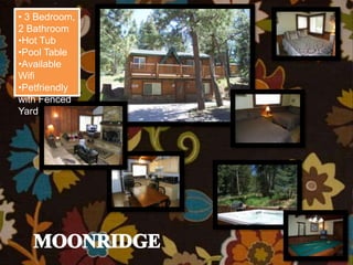 • 3 Bedroom,
2 Bathroom
•Hot Tub
•Pool Table
•Available
Wifi
•Petfriendly
with Fenced
Yard
 