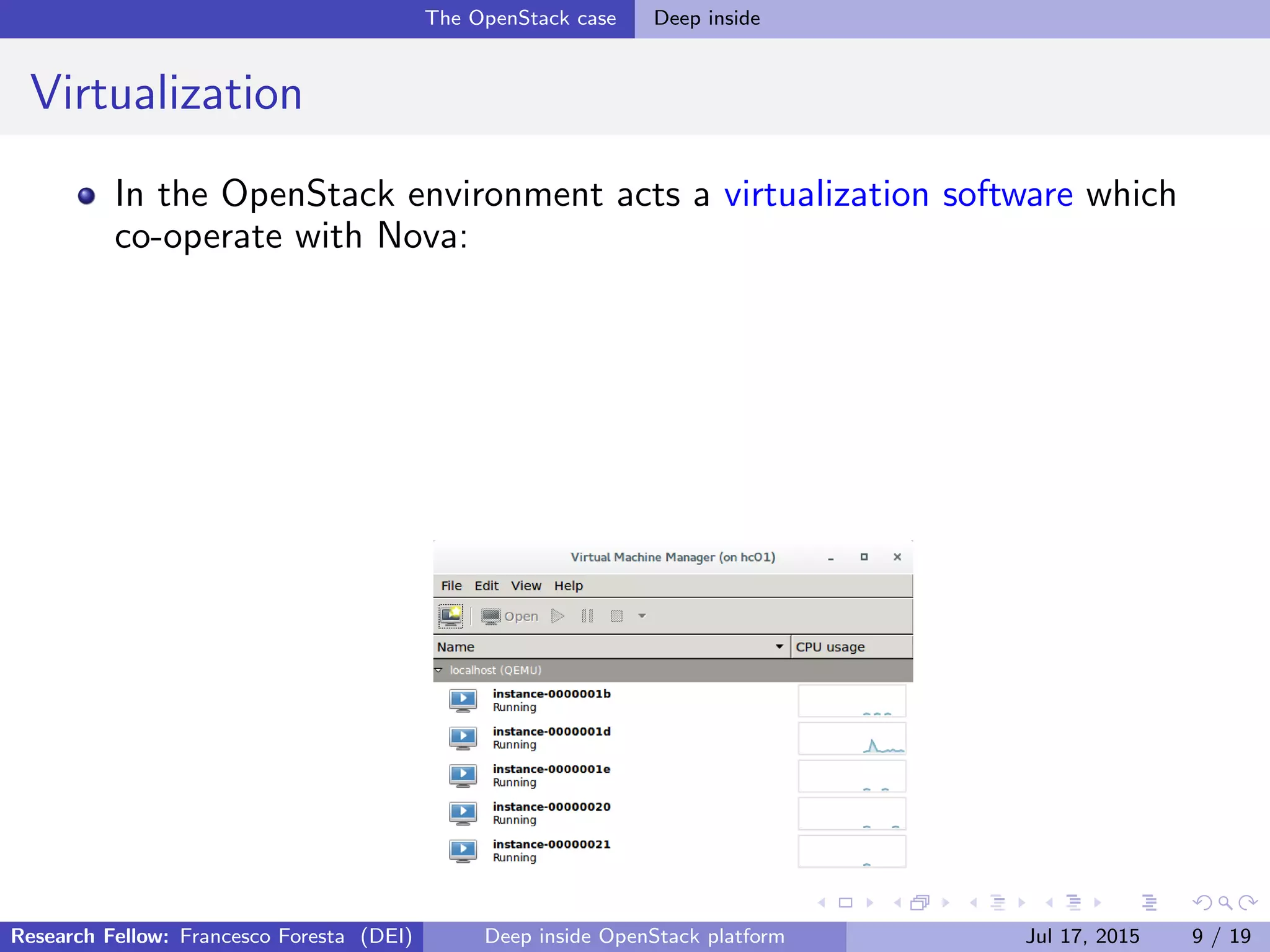 The OpenStack case Deep inside
Virtualization
In the OpenStack environment acts a virtualization software which
co-operate with Nova:
Research Fellow: Francesco Foresta (DEI) Deep inside OpenStack platform Jul 17, 2015 9 / 19
 