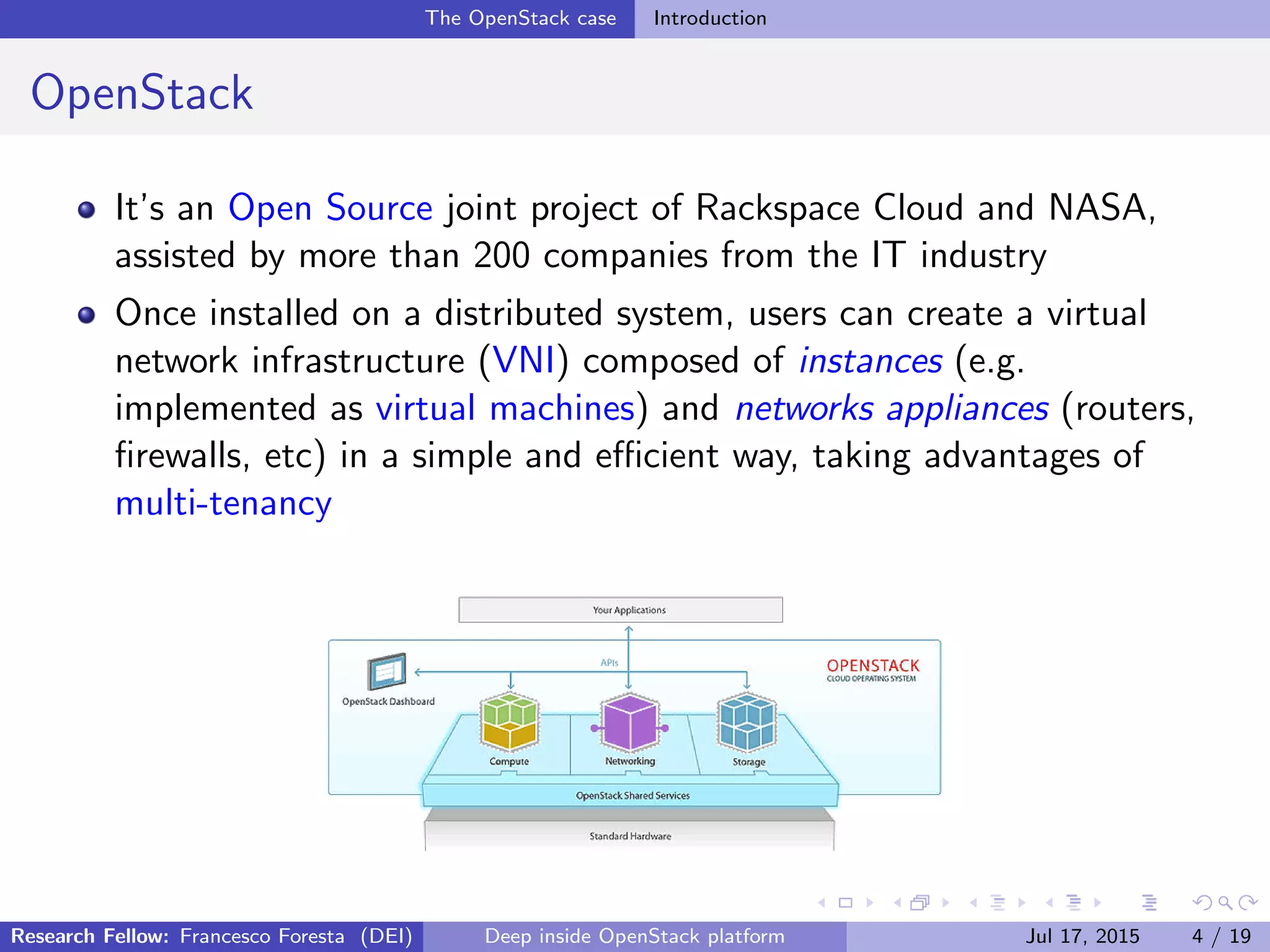 The OpenStack case Introduction
OpenStack
It’s an Open Source joint project of Rackspace Cloud and NASA,
assisted by more than 200 companies from the IT industry
Once installed on a distributed system, users can create a virtual
network infrastructure (VNI) composed of instances (e.g.
implemented as virtual machines) and networks appliances (routers,
ﬁrewalls, etc) in a simple and eﬃcient way, taking advantages of
multi-tenancy
Research Fellow: Francesco Foresta (DEI) Deep inside OpenStack platform Jul 17, 2015 4 / 19
 