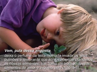 Vem, pula dessa angústia ,   deixa o perfume da terra molhada invadir os seus pulmões e lembrar-te que somos nós que plantamos as nossas sementes. Vai, toma um bocado dessas sementes de amor e espalha pelo chão fértil. 