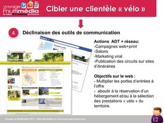 Cibler une clientèle « vélo »


4   Déclinaison des outils de communication
                                Actions ADT + réseau:
                                -Campagnes web+print
                                -Salons
                                -Marketing viral
                                -Publication des circuits sur sites
                                d’itinéraires

                                Objectifs sur le web :
                                - Multiplier les portes d’entrées à
                                l’offre
                                - aboutir à la réservation d’un
                                hébergement et/ou à la sélection
                                des prestations « vélo » du
                                territoire.
                                                                  12

                                                                  12
 