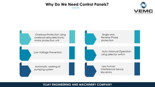 Why Do We Need Control Panels?
Overload Protection using
overload relay/electronic
motor protection unit
Low Voltage Prevention
Automatic working of
pumping system
Single and
Reverse Phase
protection
Auto /Manual Operation
using selector switch
Less human
interference hence
less errors
VIJAY ENGINEERING AND MACHINERY COMPANY
 