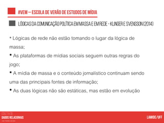 COLETA DE
nas mídias sociais
Lógicasdacomunicaçãopolíticaemmassaeemrede-KlingereSvensson(2014)
• Lógicas de rede não estão tomando o lugar da lógica de
massa;
• As plataformas de mídias sociais seguem outras regras do
jogo;
• A mídia de massa e o conteúdo jornalístico continuam sendo
uma das principais fontes de informação;
• As duas lógicas não são estáticas, mas estão em evolução
 