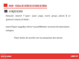 COLETA DE
nas mídias sociais
Afunçãosearch
Notação: /search ? type= {user, page, event, group, place} & q=
{palavra+chave} & fields=
search?type=page&q=dilma+rousseff&fields=id,name,link,description,
category
Fazer testes de acordo com as pesquisas dos alunos
 