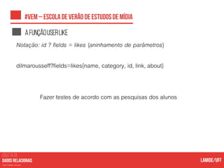 COLETA DE
nas mídias sociais
Afunçãouserlike
Notação: id ? fields = likes {aninhamento de parâmetros}
dilmarousseff?fields=likes{name, category, id, link, about}
Fazer testes de acordo com as pesquisas dos alunos
 