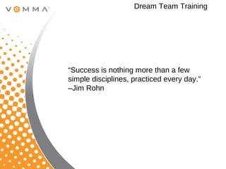 Dream Team Training




“Success is nothing more than a few
simple disciplines, practiced every day.”
–Jim Rohn
 
