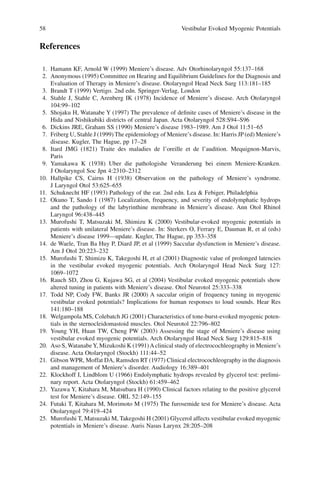 58 Vestibular Evoked Myogenic Potentials
References
1. Hamann KF, Arnold W (1999) Meniere’s disease. Adv Otorhinolaryngol 55:137–168
2. Anonymous (1995) Committee on Hearing and Equilibrium Guidelines for the Diagnosis and
Evaluation of Therapy in Meniere’s disease. Otolaryngol Head Neck Surg 113:181–185
3. Brandt T (1999) Vertigo. 2nd edn. Springer-Verlag, London
4. Stahle J, Stahle C, Arenberg IK (1978) Incidence of Meniere’s disease. Arch Otolaryngol
104:99–102
5. Shojaku H, Watanabe Y (1997) The prevalence of deﬁnite cases of Meniere’s disease in the
Hida and Nishikubiki districts of central Japan. Acta Otolaryngol 528:S94–S96
6. Dickins JRE, Graham SS (1990) Meniere’s disease 1983–1989. Am J Otol 11:51–65
7. Friberg U, Stahle J (1999) The epidemiology of Meniere’s disease. In: Harris JP(ed) Meniere’s
disease. Kugler, The Hague, pp 17–28
8. Itard JMG (1821) Traite des maladies de l’oreille et de l’audition. Mequignon-Marvis,
Paris
9. Yamakawa K (1938) Uber die pathologishe Veranderung bei einem Meniere-Kranken.
J Otolaryngol Soc Jpn 4:2310–2312
10. Hallpike CS, Cairns H (1938) Observation on the pathology of Meniere’s syndrome.
J Laryngol Otol 53:625–655
11. Schuknecht HF (1993) Pathology of the ear. 2nd edn. Lea & Febiger, Philadelphia
12. Okuno T, Sando I (1987) Localization, frequency, and severity of endolymphatic hydrops
and the pathology of the labyrinthine membrane in Meniere’s disease. Ann Otol Rhinol
Laryngol 96:438–445
13. Murofushi T, Matsuzaki M, Shimizu K (2000) Vestibular-evoked myogenic potentials in
patients with unilateral Meniere’s disease. In: Sterkers O, Ferrary E, Dauman R, et al (eds)
Meniere’s disease 1999—update. Kugler, The Hague, pp 353–358
14. de Waele, Tran Ba Huy P, Diard JP, et al (1999) Saccular dysfunction in Meniere’s disease.
Am J Otol 20:223–232
15. Murofushi T, Shimizu K, Takegoshi H, et al (2001) Diagnostic value of prolonged latencies
in the vestibular evoked myogenic potentials. Arch Otolaryngol Head Neck Surg 127:
1069–1072
16. Rauch SD, Zhou G, Kujawa SG, et al (2004) Vestibular evoked myogenic potentials show
altered tuning in patients with Meniere’s disease. Otol Neurotol 25:333–338
17. Todd NP, Cody FW, Banks JR (2000) A saccular origin of frequency tuning in myogenic
vestibular evoked potentials? Implications for human responses to loud sounds. Hear Res
141:180–188
18. Welgampola MS, Colebatch JG (2001) Characteristics of tone-burst-evoked myogenic poten-
tials in the sternocleidomastoid muscles. Otol Neurotol 22:796–802
19. Young YH, Huan TW, Cheng PW (2003) Assessing the stage of Meniere’s disease using
vestibular evoked myogenic potentials. Arch Otolaryngol Head Neck Surg 129:815–818
20. Aso S, WatanabeY, Mizukoshi K (1991)Aclinical study of electrocochleography in Meniere’s
disease. Acta Otolaryngol (Stockh) 111:44–52
21. Gibson WPR, Moffat DA, Ramsden RT (1977) Clinical electrocochleography in the diagnosis
and management of Meniere’s disorder. Audiology 16:389–401
22. Klockhoff I, Lindblom U (1966) Endolymphatic hydrops revealed by glycerol test: prelimi-
nary report. Acta Otolaryngol (Stockh) 61:459–462
23. Yazawa Y, Kitahara M, Matsubara H (1990) Clinical factors relating to the positive glycerol
test for Meniere’s disease. ORL 52:149–155
24. Futaki T, Kitahara M, Morimoto M (1975) The furosemide test for Meniere’s disease. Acta
Otolaryngol 79:419–424
25. Murofushi T, Matsuzaki M, Takegoshi H (2001) Glycerol affects vestibular evoked myogenic
potentials in Meniere’s disease. Auris Nasus Larynx 28:205–208
 