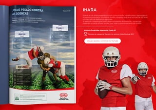 Graças a sua ampla experiência com comunicação voltada para o agronegócio,
a Impulsa conquistou a conta da IHARA, empresa que atua há mais de 50 anos
no mercado de defensivos agrícolas.
A agência é responsável pelo desenvolvimento de anúncios, comerciais,
materiais online e offline, ou seja, por todo o posicionamento da IHARA.
IHARA
Bronze na categoria ‘Revista’ no prêmio Mídia Festival 2017
Anúncio fungicidas Approve e Fusão EC
Clique e assista o comercial no YouTube
 