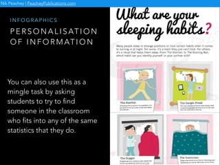 P E R S O N A L I S AT I O N
O F I N F O R M AT I O N
I N F O G R A P H I C S
You can also use this as a
mingle task by asking
students to try to find
someone in the classroom
who fits into any of the same
statistics that they do.
Nik Peachey | PeacheyPublications.com
 
