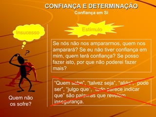 CONFIANÇA E DETERMINAÇÃO
                        Confiança em Si


                            Estímulo
  Insucesso

                Se nós não nos ampararmos, quem nos
                amparará? Se eu não tiver confiança em
                mim, quem terá confiança? Se posso
                fazer isto, por que não poderei fazer
                mais?

                “Quem sabe”, “talvez seja”, “aliás”, “pode
                ser”, “julgo que”, “tudo parece indicar
Quem não        que” são palavras que revelam
os sofre?       insegurança.
 