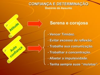 CONFIANÇA E DETERMINAÇÃO
      Domínio do Assunto




         Serena e corajosa

       - Vencer Timidez.
       - Evitar excesso de reflexão.
       - Trabalhe sua comunicação.
       - Trabalhar a concentração.
       - Afastar a impulsividade.
       - Tenha sempre suas “muletas”.
 