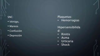 SNC:
• Vértigo,
• Mareos
• Confusión
• Depresión
.
Plaquetas:
• Hemorragias
Hipersensibilida
d:
• Rinitis
• Asma
• Urticaria
• Shock
 