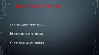 DERIVADOS AC. ACÉTICO
a) Indolacético: Indometacina
b) Pirrolacético: Ketorolaco
c) Fenilacético: Diclofenaco
 
