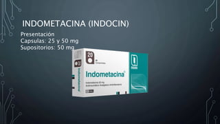 INDOMETACINA (INDOCIN)
Presentación
Capsulas: 25 y 50 mg
Supositorios: 50 mg
 