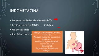 INDOMETACINA
• Potente inhibidor de síntesis PG’s.
• Acción típica de AINE’s. Cefalea.
• No Uricosúrico.
• Rx. Adversas abundantes Utilidad.
Vértigo, aturdimiento, mareo,
confusión.
Agravan epilepsia, depresión,
Parkinson.
Lesión GI. Agranulocitosis,
anemia aplásica.
Daño renal.
Teratogénos, fetotóxicos.
Alergias.
 