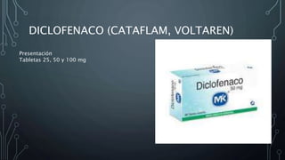 DICLOFENACO (CATAFLAM, VOLTAREN)
Presentación
Tabletas 25, 50 y 100 mg
 