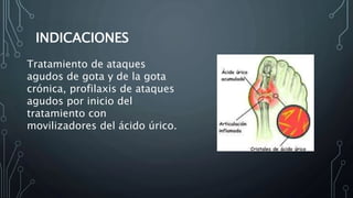 INDICACIONES
Tratamiento de ataques
agudos de gota y de la gota
crónica, profilaxis de ataques
agudos por inicio del
tratamiento con
movilizadores del ácido úrico.
 