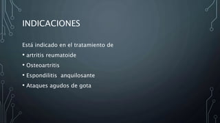 INDICACIONES
Está indicado en el tratamiento de
• artritis reumatoide
• Osteoartritis
• Espondilitis anquilosante
• Ataques agudos de gota
 