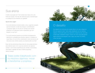 Sua arena
A rede e sua equipe de TI nem sempre são vistas como uma
fonte de inovação, mas elas são essenciais para a transformação
e a proteção da sua empresa com agilidade.
Que tal virar o jogo?
•	E se você estivesse envolvido desde o início, sugerindo soluções
que funcionassem na rede de produção e possibilitassem
o progresso digital, em vez de ser chamado para resolver
problemas com aplicativos recém-implantados que nem
estavam no seu foco?
•	E se você estivesse presente nas reuniões de planejamento,
elaborando a estratégia para soluções seguras e imediatas em
novas filiais, em vez de ficar coordenando o envio de técnicos de
rede para locais remotos quando sua empresa abre uma filial?
Esse nível de envolvimento deixa você em uma posição decisiva
para oferecer aquilo com o que seus parceiros de negócios
sonham, como ótimas experiências para clientes e funcionários,
velocidade e agilidade de rede e máxima segurança.
Vamos começar.
O desafio
Seu desafio é se comunicar de maneira eficaz com seus colegas de
linha de negócios (LoB). Todos estão trabalhando com os mesmos
objetivos. Você pode ajudar seus parceiros a atingi-los com uma rede
modernizada, adaptável e segura. Vamos ver como você pode ganhar
alguns pontos de percepção e virar o jogo a seu favor. Ou melhor,
a favor de todos.
04
Todos estão trabalhando com
os mesmos objetivos: inovar
e transformar a empresa.
 