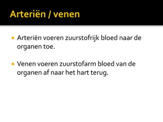    Arteriën voeren zuurstofrijk bloed naar de
    organen toe.

   Venen voeren zuurstofarm bloed van de
    organen af naar het hart terug.
 