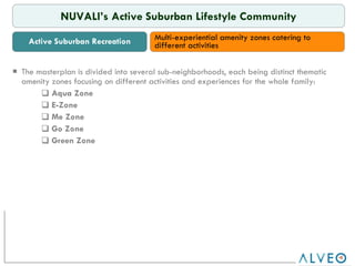 RTB The masterplan is divided into several sub-neighborhoods, each being distinct thematic amenity zones focusing on different activities and experiences for the whole family: Aqua Zone   E-Zone   Me Zone   Go Zone   Green Zone Active Suburban Recreation NUVALI’s Active Suburban Lifestyle Community Multi-experiential amenity zones catering to different activities 