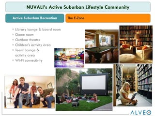 E-Zone Library lounge & board room Game room Outdoor theatre Children’s activity area Teens’ lounge &  activity area Wi-Fi connectivity Active Suburban Recreation NUVALI’s Active Suburban Lifestyle Community The E-Zone 